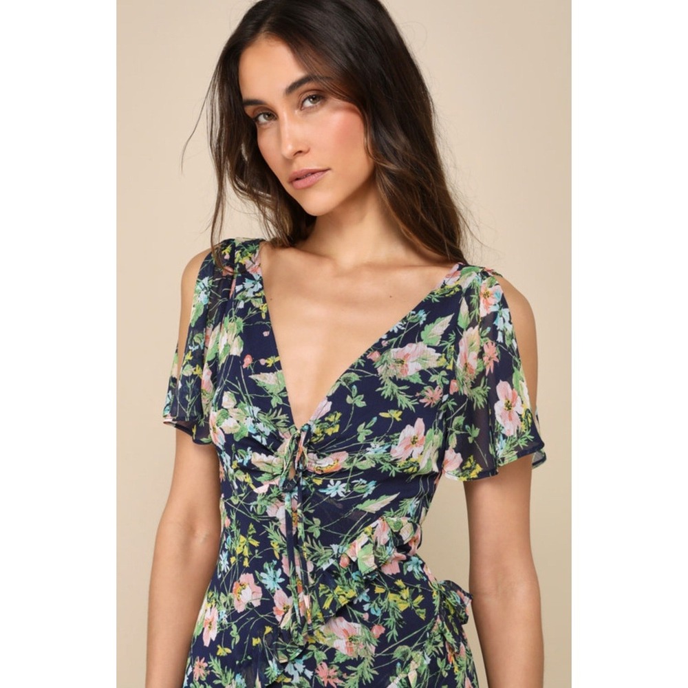 Lulus Next to You Navy Blue‎ Floral Ruffled Backless Lined Midi Dress NEW XS